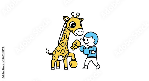 Whimsical cartoon illustration of a friendly giraffe and a child in boxing gloves having a joyful