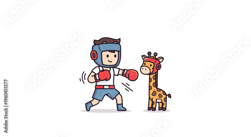 Charming animated boxer playfully prepares for a friendly sparring match with an adorable giraffe