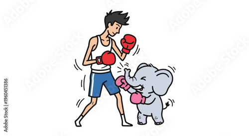 Friendly sparring session: human boxer facing off against a cute elephant calf in an animated style