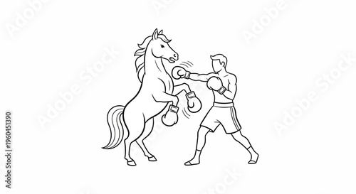 Dynamic line art illustration of a human boxer engaging in a unique boxing match against a