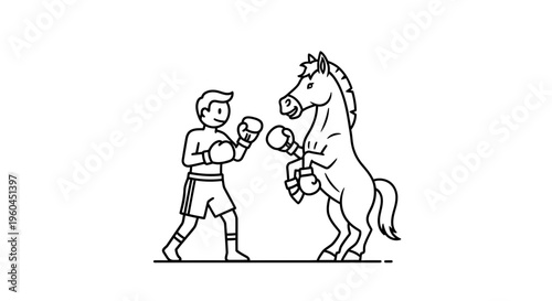 Stylized monochrome illustration of an improbable boxing showdown between a man and a horse