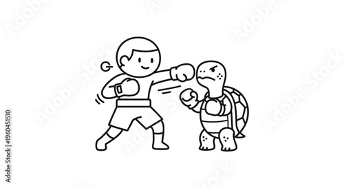 Charming Line Art Depicting a Joyful Boxer Engaging an Ambitious Turtle in a Playful Boxing Match