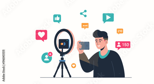 Illustration of a young man recording a video with a smartphone and ring light, surrounded by social media icons on a white background.