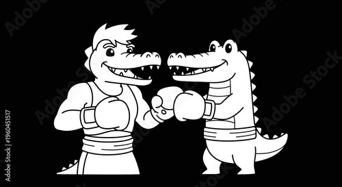 Dynamic black and white illustration showcasing two friendly cartoon reptile boxers preparing for