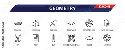 geometry outline icon set. 12 linear vector for ui, web and mobile. thin line measure, dimension, push pin and more icons.