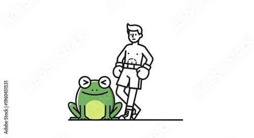 Whimsical illustration of a cheerful green frog sitting beside a confident minimalist line-art boxer