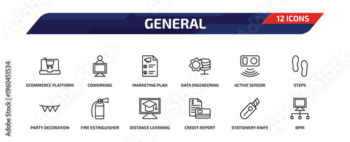 general outline icon set. 12 linear vector for ui, web and mobile. thin line ecommerce platform, coworking, marketing plan and more icons.