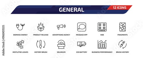 general outline icon set. 12 linear vector for ui, web and mobile. thin line biomass energy, product release, advertising agency and more icons.