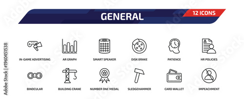 general outline icon set. 12 linear vector for ui, web and mobile. thin line in-game advertising, ar graph, smart speaker and more icons.