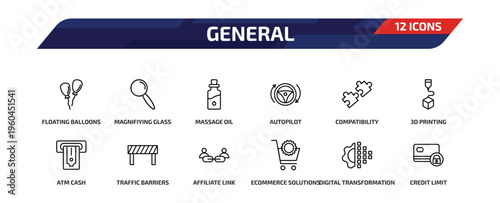 general outline icon set. 12 linear vector for ui, web and mobile. thin line floating balloons, magnifiying glass, massage oil and more icons.