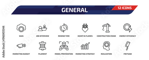 general outline icon set. 12 linear vector for ui, web and mobile. thin line saas, job interview, rewind time and more icons.