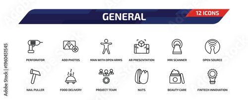 general outline icon set. 12 linear vector for ui, web and mobile. thin line perforator, add photos, man with open arms and more icons.