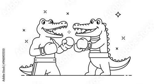 Two friendly cartoon crocodiles prepare for an exciting boxing match in this playful illustration