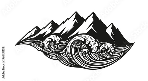 Majestic Mountain Range and Ocean Waves Silhouette, Success and Strength Concept, Powerful Nature Landscape, Leadership and Achievement Illustration, Great Outdoors Adventure and Resilience Design