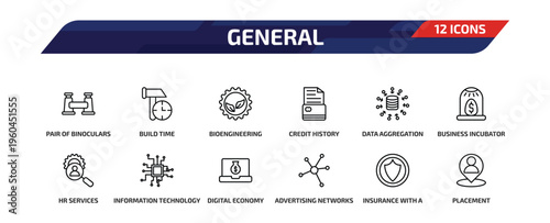 general outline icon set. 12 linear vector for ui, web and mobile. thin line pair of binoculars, build time, bioengineering and more icons.