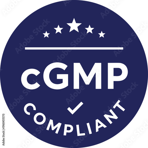 cgmp compliant round badge icon for pharmaceutical and manufacturing quality assurance certification vector symbol