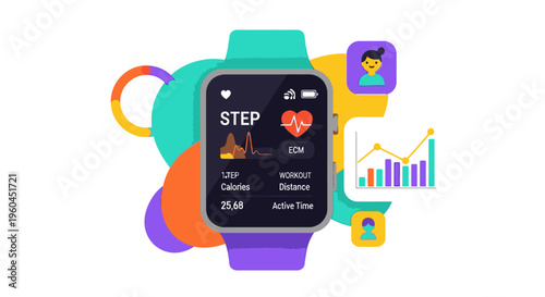 Colorful smartwatch with fitness tracking data on its screen surrounded by vibrant icons and graphs on a clean white background.