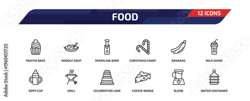 food outline icon set. 12 linear vector for ui, web and mobile. thin line muffin bake, noodle soup, sparkling wine and more icons.