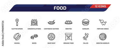 food outline icon set. 12 linear vector for ui, web and mobile. thin line slotted spoon, congratulations, cantonese seafood soup and more icons.