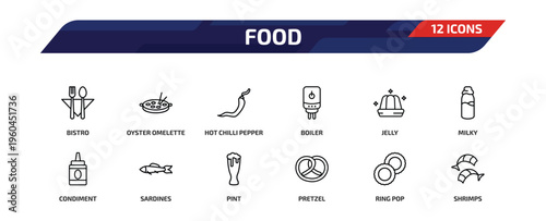 food outline icon set. 12 linear vector for ui, web and mobile. thin line bistro, oyster omelette, hot chilli pepper and more icons.