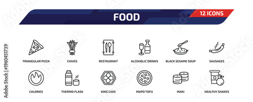 food outline icon set. 12 linear vector for ui, web and mobile. thin line triangular pizza slice, chives, restaurant and more icons.