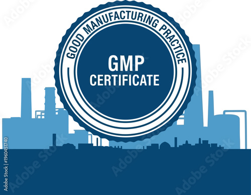 GMP Good Manufacturing Practice Certificate Stamp Badge Icon Over Industrial Factory Silhouette Background Vector Illustration