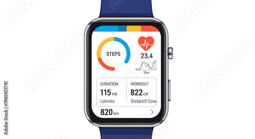 Close-up shot of a smartwatch displaying fitness tracking data on its screen with a blue band against a clean white background.