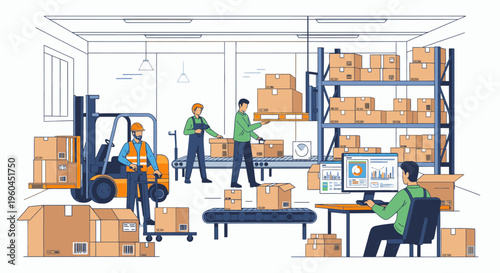 Illustration of warehouse workers operating a forklift, handling boxes, and working at a computer in a busy storage facility with industrial shelving.