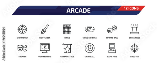 arcade outline icon set. 12 linear vector for ui, web and mobile. thin line shoot duck, lightsaber, bingo and more icons.
