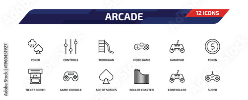 arcade outline icon set. 12 linear vector for ui, web and mobile. thin line poker, controls, toboggan and more icons.