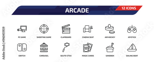 arcade outline icon set. 12 linear vector for ui, web and mobile. thin line pc game, shooting game, clapboard and more icons.