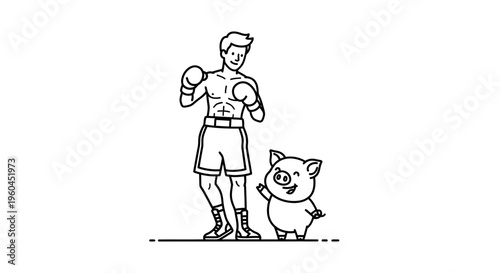 Amusing black and white line art depicting a strong pugilist posing alongside a cheerful winking pig