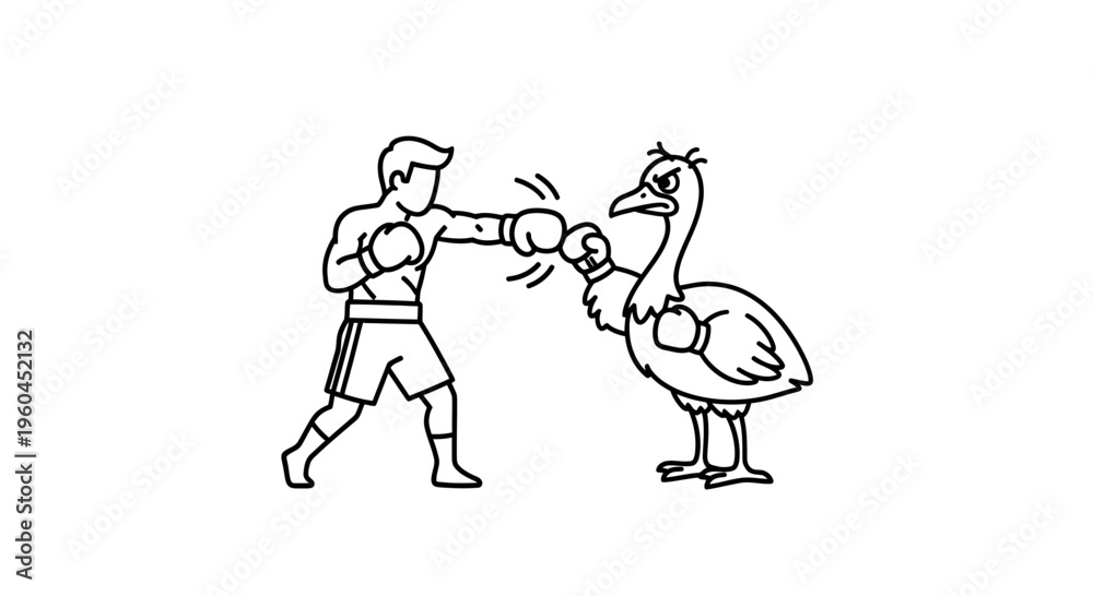 Obraz premium Whimsical boxing match between a determined human fighter and an angry avian opponent