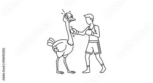 Humorous black and white illustration of a boxer unexpectedly sparring with a surprised ostrich