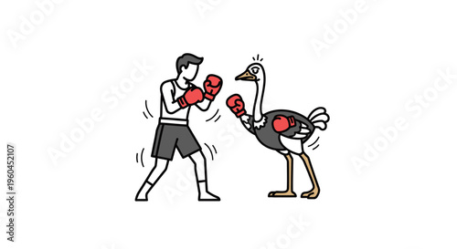 Humorous boxing match between a determined human fighter and a surprisingly agile ostrich opponent