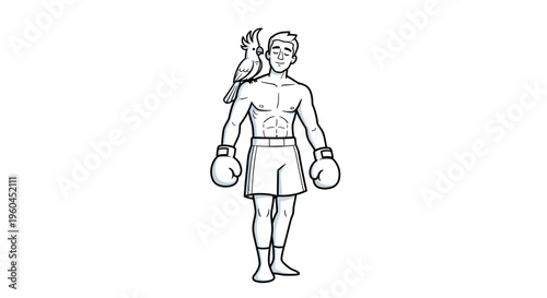 Illustrative representation of a muscular boxer, calmly standing with gloves, featuring a