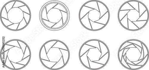 Camera lens aperture icons, photography elements, gray vector graphics, shutter design symbols