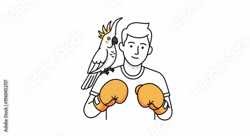 Determined boxer with loyal cockatoo companion, symbolizing strength, loyalty, and unique