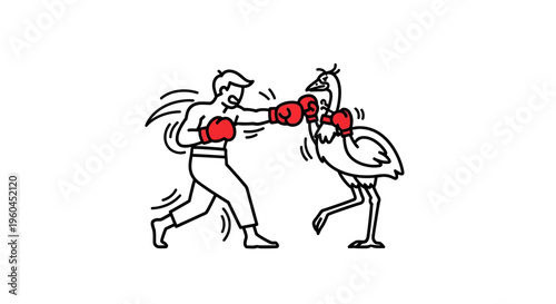 Whimsical line art illustration of a person boxing an ostrich in a comical fight scene