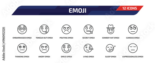 emoji outline icon set. 12 linear vector for ui, web and mobile. thin line embarrassed emoji, tongue out emoji, pouting and more icons.