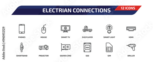 electrian connections outline icon set. 12 linear vector for ui, web and mobile. thin line phones, mouse, smart tv and more icons.