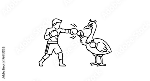Whimsical boxing match between a determined human fighter and an angry avian opponent