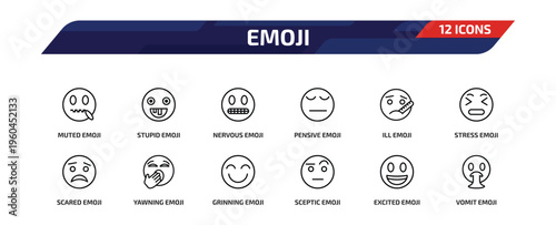 emoji outline icon set. 12 linear vector for ui, web and mobile. thin line muted emoji, stupid emoji, nervous and more icons.
