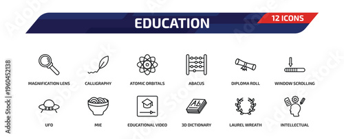 education outline icon set. 12 linear vector for ui, web and mobile. thin line magnification lens, calligraphy, atomic orbitals and more icons.