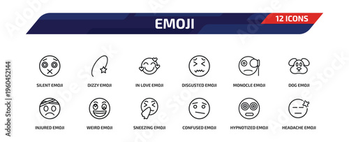 emoji outline icon set. 12 linear vector for ui, web and mobile. thin line silent emoji, dizzy emoji, in love and more icons.