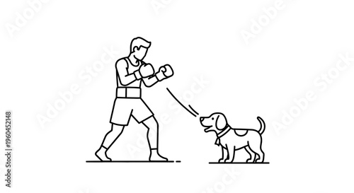 Minimalist line art portraying a boxer in a sparring pose playfully interacting with a vocal
