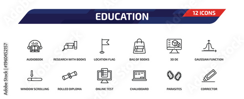 education outline icon set. 12 linear vector for ui, web and mobile. thin line audiobook, research with books, location flag and more icons.