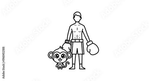 Minimalist black outline drawing of a strong boxer with boxing gloves and an endearing small