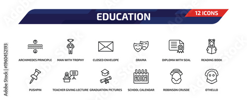 education outline icon set. 12 linear vector for ui, web and mobile. thin line archimedes principle, man with trophy, closed envelope and more icons.