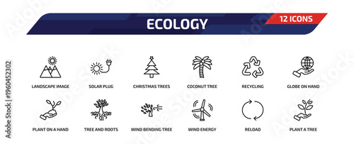 ecology outline icon set. 12 linear vector for ui, web and mobile. thin line landscape image, solar plug, christmas trees and more icons.